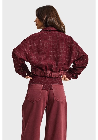 Kadın Bordo 6w6-35 Dokuma Denim Kumaş Karışımlı Önü Düğmeli Özel Tasarım Bomber Ceket