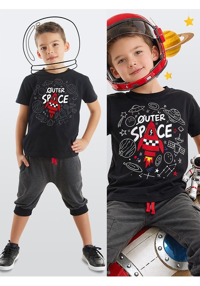 Uzay Roketi Erkek Çocuk Yazlık T-shirt Kapri Şort Takım