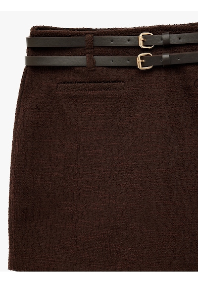 Koton Kemer Detaylı Slim Fit Viskon Karışımlı Mini Etek Kahverengi 6wal70035ık Kahve
