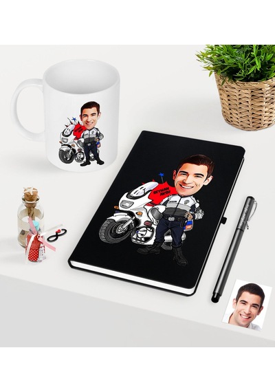 Kişiye Özel Bay Yunus Polis Karikatürlü Siyah Defter Kalem Kupa S Siyah