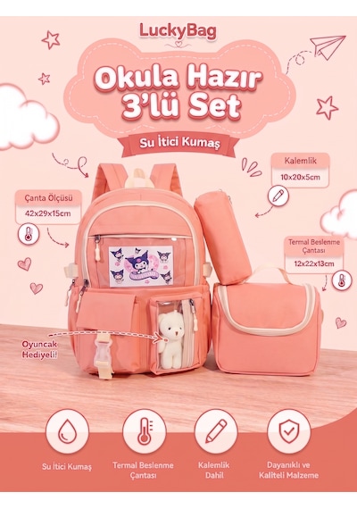 Kore Kawaii Tarzı Erkek Kız Okul Çantası Aksesuarlı Kız Çocuk Ve Erkek Çocuk Sırt Çantası 3'lü Set Yavruağzı Turuncu