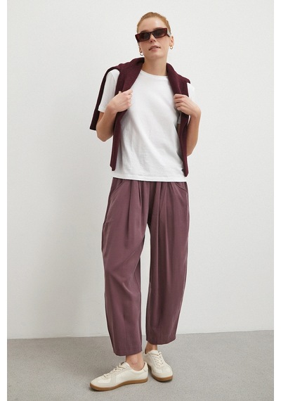 Never More Bağcıklı Beli Lastikli Pileli Pantolon Mürdüm Mürdüm