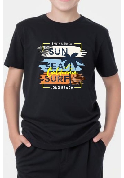 Panios Kids California Sun Baskılı Erkek Çocuk Kısa Kollu Yuvarlak Yaka T-shirt Siyah