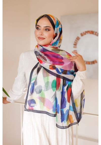 Mimiyum Nayf İpek Şal Pastel Desen - Lacivert - Turuncu