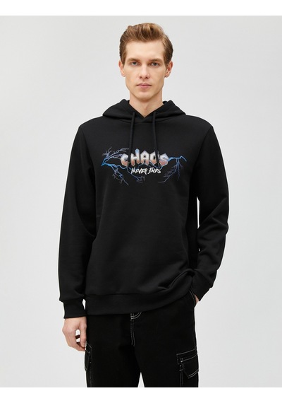 Koton Kapşonlu Sweatshirt Kuru Kafa Baskılı Uzun Kollu Siyah 3sam70129mk Siyah