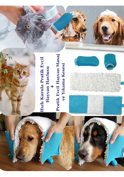 Tr Pratik Evcil Hayvan Banyo Seti, Ped Evcil Hayvan, Köpek, Kedi, Mikrofiber Kurulama Havlusu Ve Yıkama Kesesi, 55x20 Diğer