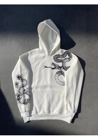 Valensdesign Uzun Kol Kapşonlu Baskılı Sweatshirt - Beyaz