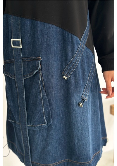 Femelle Kadın Sweat Denim Patchwork Elbise Oversize Cepli Büzgülü %100 Pamuk Spor Elbise Lacivert Femelle Kadın Sweat Denim Patchwork Elbise Oversize Cepli Büzgülü %100 Pamuk Spor Elbise Lacivert