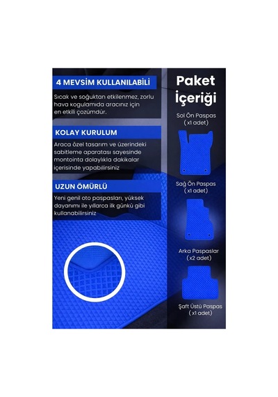 Dacia Spring 2021 2025 Essential Uyumlu Eva Oto Paspas Mavi Metal Topukluklu Tam Set