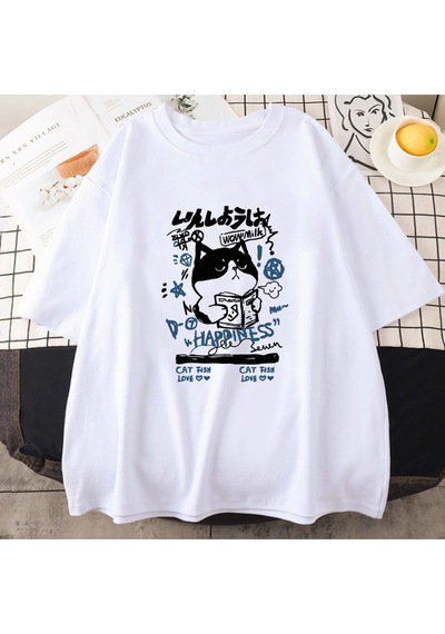 Startmore Beyaz Japon Kanji Kedi Lukawaii Grafik Baskı Tees Beyaz