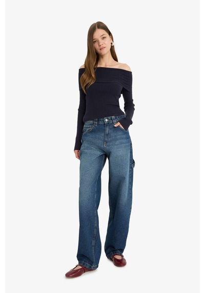Defacto Slim Fit Dar Kesim Açık Omuz Triko Kazak B6537AX23WN Lacivert