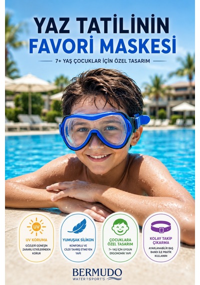 Mavi Çocuk Deniz Havuz Dalış Maskesi Tempered Cam Tek Silikon Ayarlı Yüzücü Maskesi 7+ Yaş