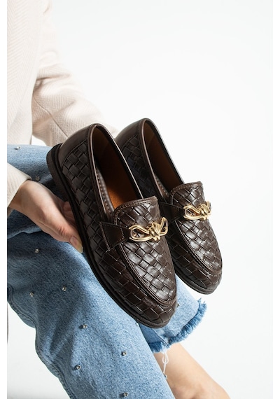Lebibe Shoes Maby Kadın Acı Kahve Örgü Dokulu Zincir Detaylı Loafer Düz Ayakkabı Babet Acı Kahverengi