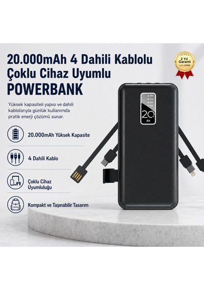20.000mah 4 Dahili Kablolu Powerbank Çoklu Cihaz Uyumlu Taşınabilir Sarj Cihazı-1701 Siyah