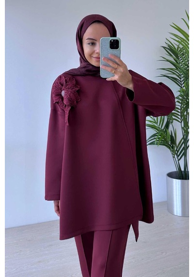Kahijab Çiçekli Asimetrik Kesim Scuba Takım - Bordo Bordo