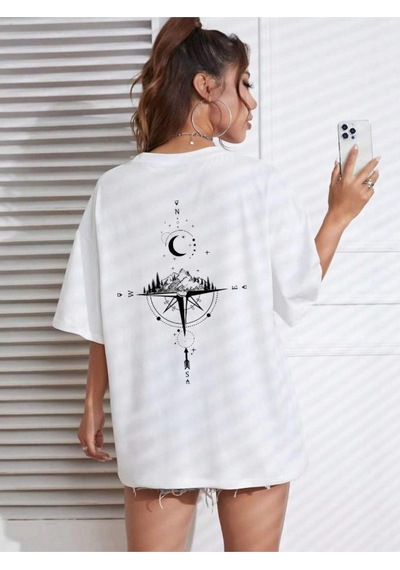 Kadın Pusula Sırt Baskılı Oversize T-shirt 001