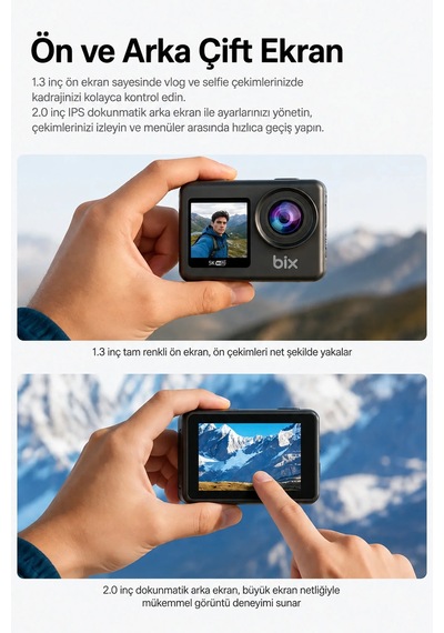 Exenar - Siyah - 5k Aksiyon Kamerası Wi-fi 50mp Çift Ekran Su Geçirmez Kılıflı Vlog Kamerası Eıs Sony Imx386 Sensörlü