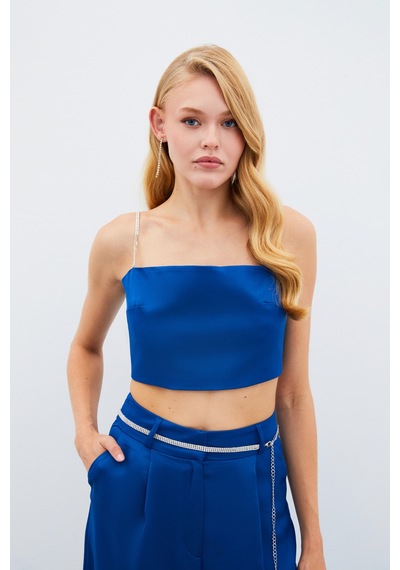 Sateen Taş Askılı Saten Crop Bluz - Mavi-134981 Mavi