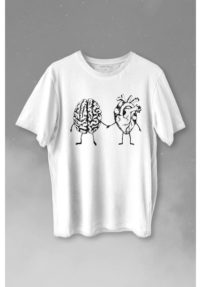 Kalp Ve Beyin Aşk Akıl Mantık El Ele Duygusal Zeka Baskılı Tişört Unisex T-shirt 001