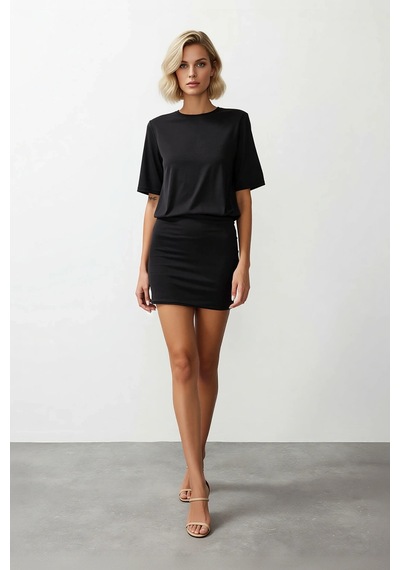 Benerly Kadın Mini Bodycon Kısa Kollu Bisiklet Yaka Esnek Örme Elbise Las Siyah