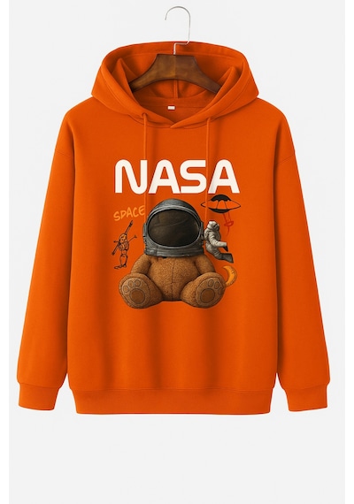 Kokina 3 İplik Penye Unisex Nasa Ayıcık Baskılı Kapüşonlu Sweatshirt Turuncu