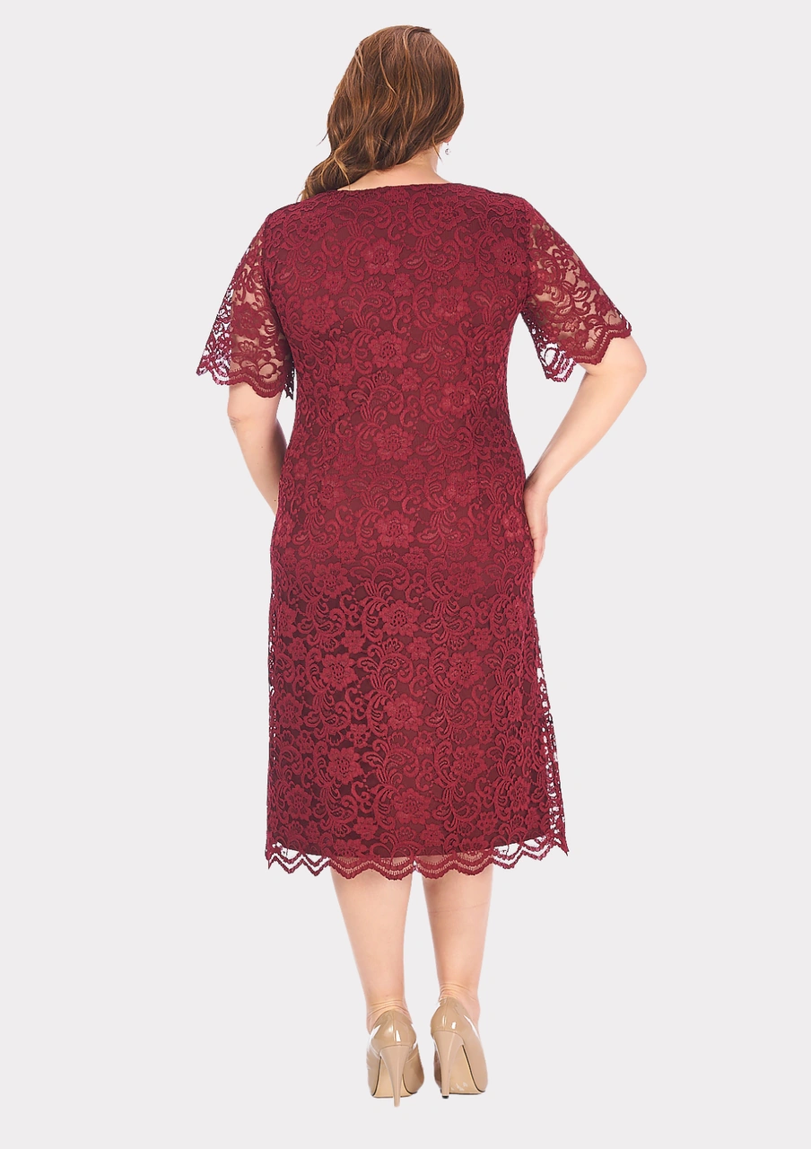 Lilas Xxl Büyük Beden Bordo Renkli Dantel Bordo Abiye Elbise Bordo