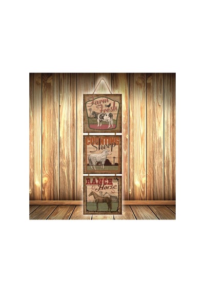 Hayvan Çiftliği Tasarımlı Retro Ahşap Poster Üçlü Ü377 Çok Renkli - 743297341 Çok Renkli