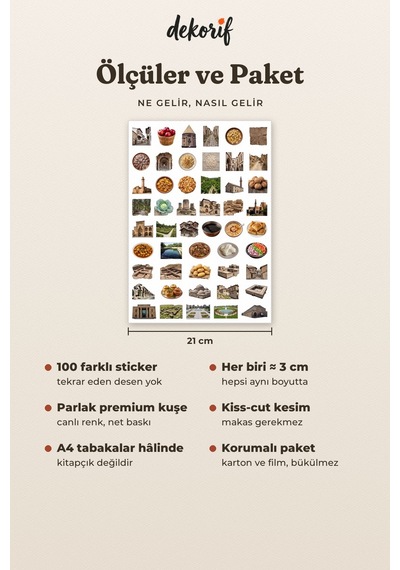 Niğde Sticker Seti 100 Adet - Manastır Su Kemeri Elma Gerçekçi Ajanda Journal Defter Laptop Çıkartma Çok Renkli