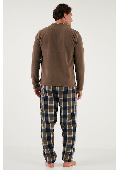 Buratti Ekoseli Regular Fit Düğmeli Bisiklet Yaka Kışlık Polar Erkek Pijama Takımı 60961008 Camel