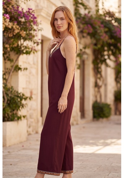 Soulshae Kadın Janjanlı Krep V Yaka İp Askılı Etnik Şeritli Geniş Paça Tulum Bordo