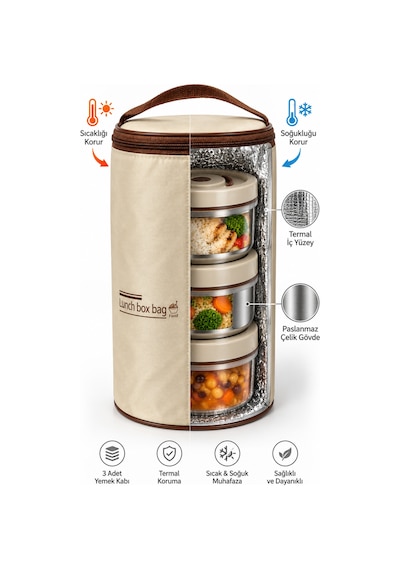 Favora 3'lü Çelik Termoslu Lunch Box Yemek Kabı Seti Bej