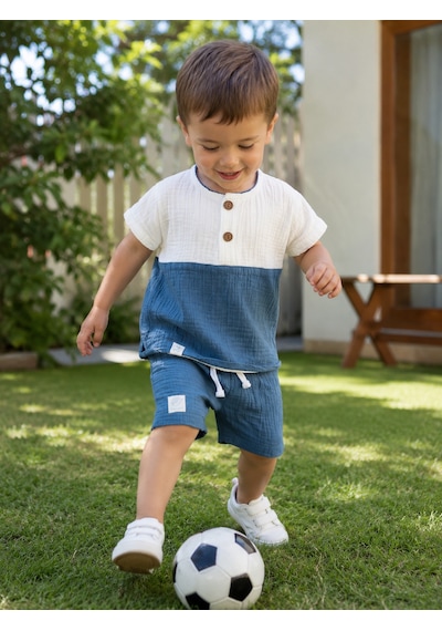 Babyhola Erkek Bebek Müslin Kumaş Şortlu Takım Yazlık Kısa Kollu 2 Li Takım 22455 Mavi