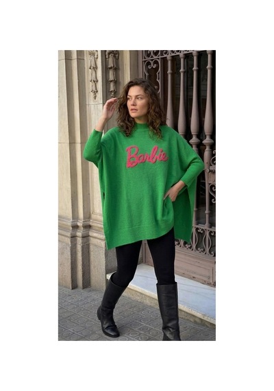 Onno Style Women Barbie Nakışlı Yırtmaçlı Triko Kadın Panço Yeşil