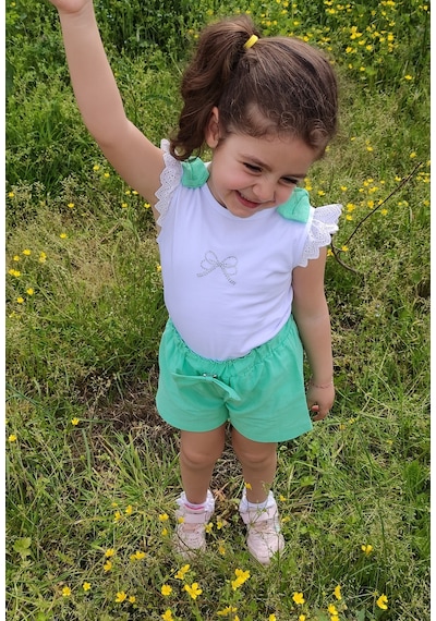 Novy Baby Fiyonklu Taş Baskılı Tshirt Şortlu Kız Çocuk 2'li Takım 2-5 Yaş