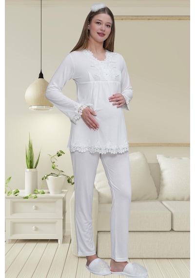 Mecit Pijama Mecit 1519 Ekru Lohusa Sabahlık Gecelik Pijama Set