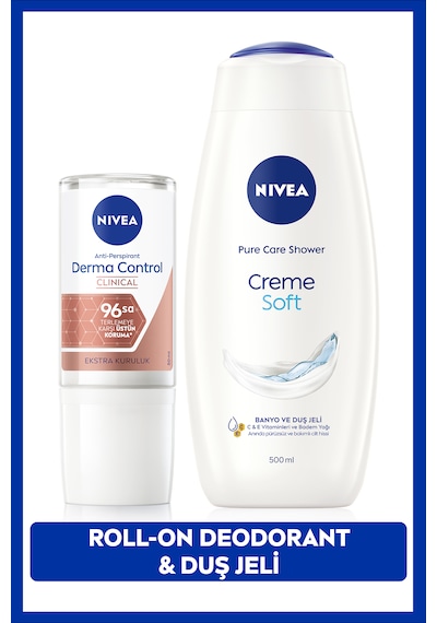 Nivea Creme Soft Duş Jeli 500 ML + Kadın Rollon Deodorant Derma Control Clinical 50 ML 96 Saat Ter Koruması