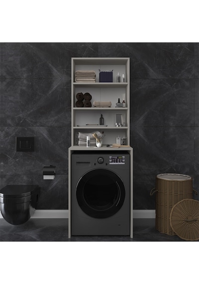 Asra Trend Çamaşır Makinesi Üstü Banyo Dolabı BD-04 %100 MDF 4 Katlı Organizer Raf Kül Gri