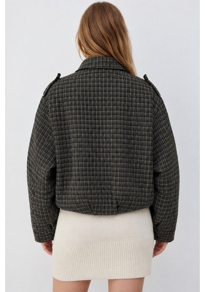 Madmext Haki Ekose Desenli Oversize Kadın Bomber Ceket Mg2920