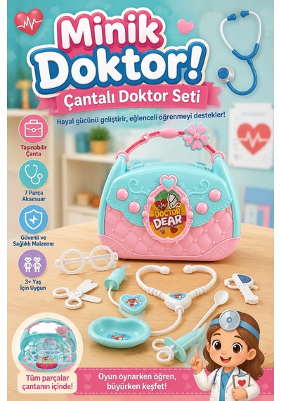 Eğitici Çantalı Minik Doktor Seti 7 Parça - Stetoskoplu Kız Erkek Çocuk Rol Yapma Oyun Seti 3+ Yaş