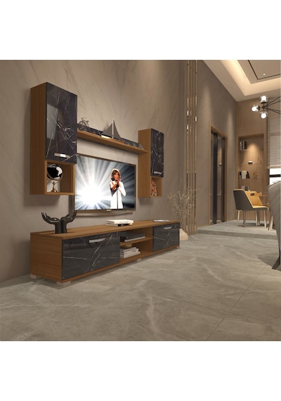 Decoraktiv Eko 5da Mdf Dvd Tv Ünitesi Tv Sehpası Ceviz - Siyah Mermer
