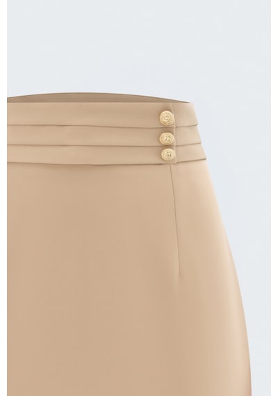 Sateen Düğme Detaylı Midi Etek - Koyu Bej-137807