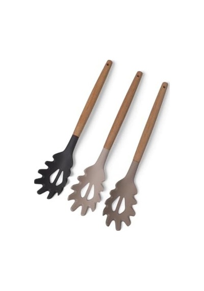 Bambu Saplı Silikon Makarna Servis Kaşığı Isıya Dayanıklı, Yapışmaz, 3 Renk Seçenekli, 27cm Uzun Saplı Makarna Kaşığı Siyah