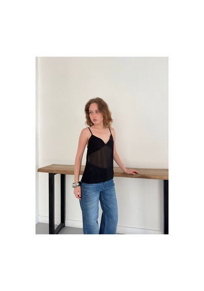 Verymoda Serpme Taşlı Askılı Şifon Bluz D3102 Siyah
