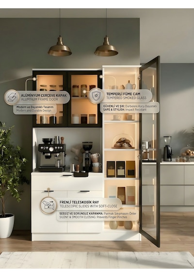 Dream Premium Kahve İstasyonu - Kahve Köşesi Ve Mutfak Ünitesi - Beyaz Füme Temperli Camlı Led Modül Beyaz Dream Premium Kahve İstasyonu - Kahve Köşesi Ve Mutfak Ünitesi - Beyaz Füme Temperli Camlı Led Modül Beyaz