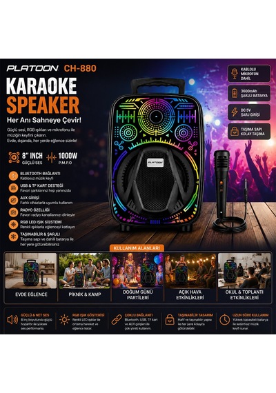Platoon Pl-4660 Ch-880 Karaoke Speaker Hoparlör Dc 5v 8'' Inch Mikrofonlu Usb Sarjlı Rgb Işıklı Bt