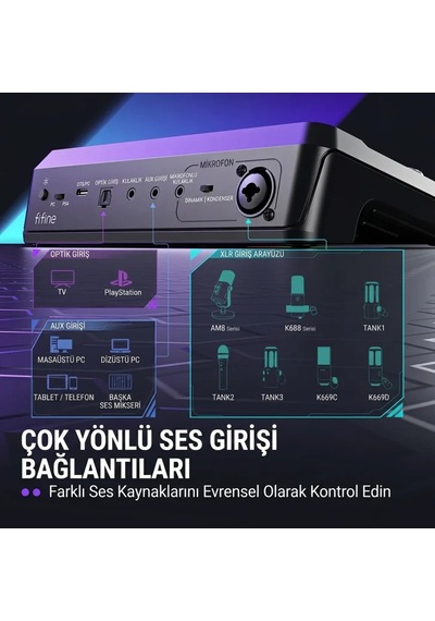 Fifine Ampligame Sc8 Usb Oyuncu Ses Mikseri Beyaz