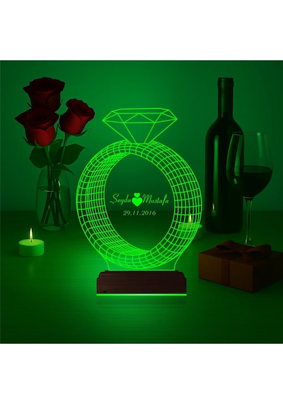 Luvivia Sevgiliye Hediye Tek Taş Yüzük Kişiye Özel 3d Lamba - Masa Gece Lambası