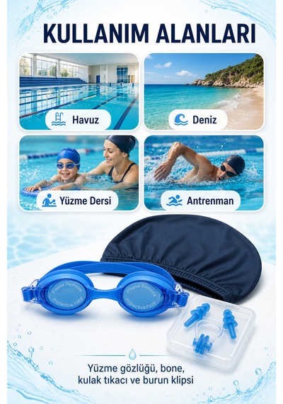 Yüzme Seti Mavi Gözlük Bone Kulak Tıkacı Burun Klipsi 4 Parça