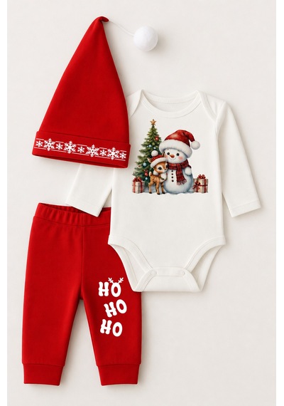 Babyden's Bebek Yılbaşı Noel Kıyafeti 3 Lü Takımı Snowman Baskılı Body,kırmızı Pantolon,noel Şapkası Unisex Kırmızı - Beyaz