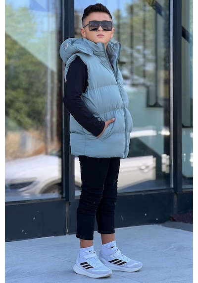 Pina Kids Erkek Çocuk Baskılı Çıkarılabilir Kapüşonlu Şişme Yelek 3017 Mint Yeşili